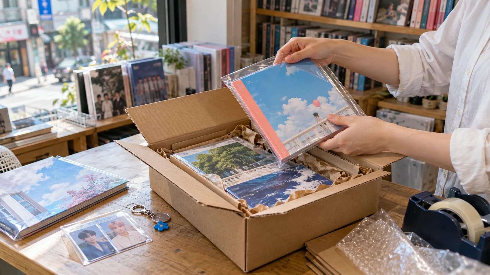 Hands packing an album in a protective sleeve into a small box, with photocards and a keyring on the table